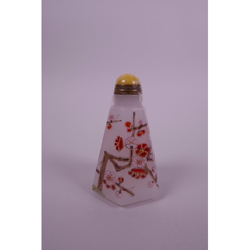 45 - A Chinese white glass snuff bottle of hexagonal form with enamel decoration of a tree in bloom, 3