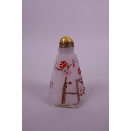 45 - A Chinese white glass snuff bottle of hexagonal form with enamel decoration of a tree in bloom, 3