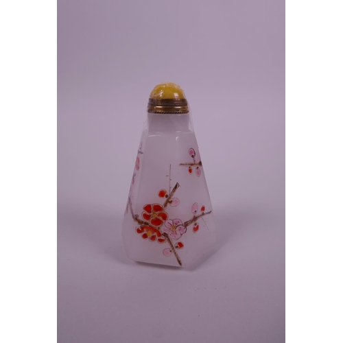 45 - A Chinese white glass snuff bottle of hexagonal form with enamel decoration of a tree in bloom, 3