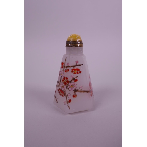 45 - A Chinese white glass snuff bottle of hexagonal form with enamel decoration of a tree in bloom, 3