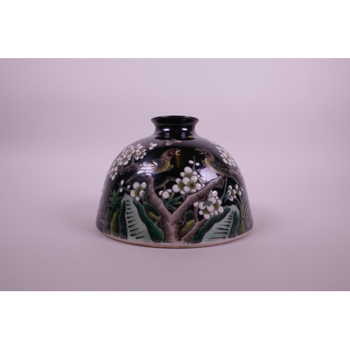 48 - A Chinese famille noir porcelain inkpot decorated with birds on a prunus tree, 6