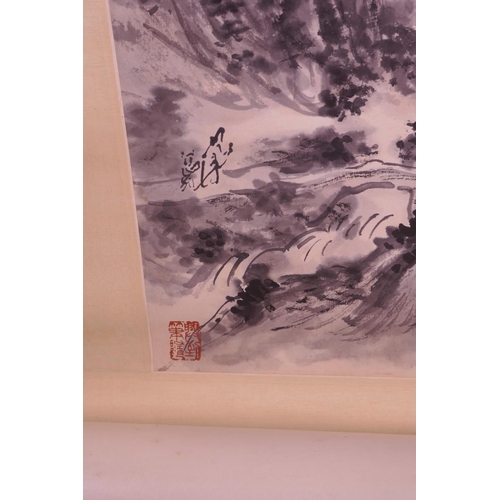 57 - A Chinese watercolour scroll depicting a mountainside village, seal marks and character inscriptions... 