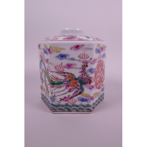 58 - A Chinese polychrome porcelain hexagonal tea caddy decorated with phoenix and dragon in enamels, sea... 