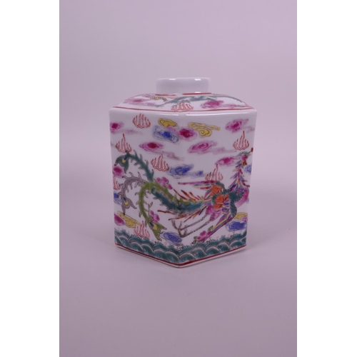 58 - A Chinese polychrome porcelain hexagonal tea caddy decorated with phoenix and dragon in enamels, sea... 