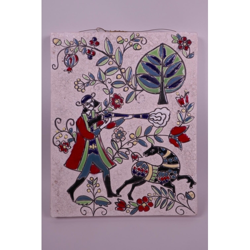 60 - An Eastern ceramic wall plaque decorated in bright enamels depicting a hunting scene, 10