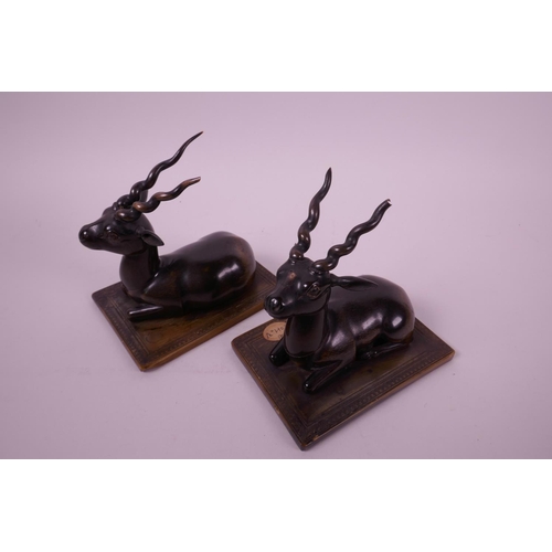 277 - A pair of late C19th carved rhino horn figures of antelope, mounted on horn bases, 4½