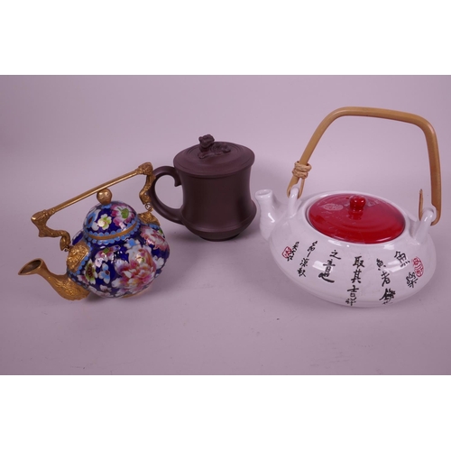 294 - A Chinese cloisonné teapot decorated in bright floral enamels, 4½