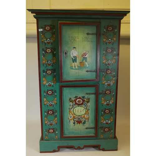 1168 - A C19th Continental painted pine armoire with two panelled doors and folk art inspired decoration, 4... 