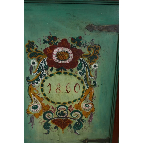 1168 - A C19th Continental painted pine armoire with two panelled doors and folk art inspired decoration, 4... 