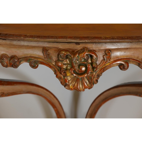 1170 - A C19th Italian painted and parcel gilt console table with shaped top and carved frieze, raised on s... 