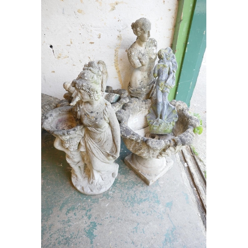 1173 - Two reconstituted stone petal shape planters together with four figurines etc, tallest 35