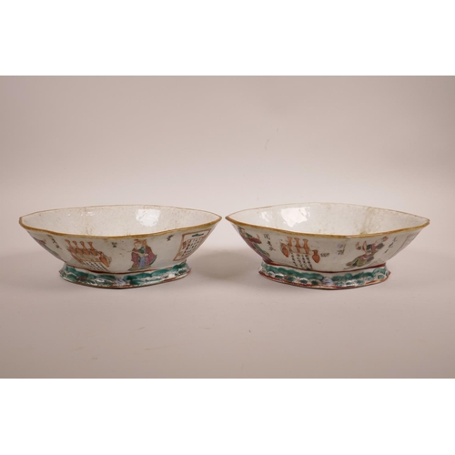 37 - A pair of C19th Chinese shaped pottery dishes with polychrome enamel decoration of the Eight Immorta... 