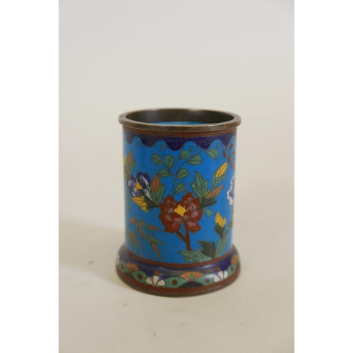 72 - An Oriental cloisonné brush pot, decorated with exotic birds and flowers