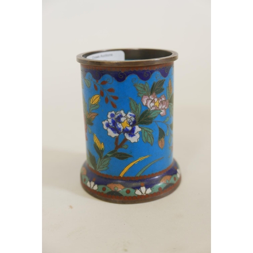 72 - An Oriental cloisonné brush pot, decorated with exotic birds and flowers