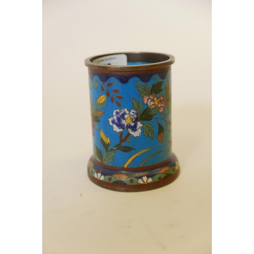 72 - An Oriental cloisonné brush pot, decorated with exotic birds and flowers