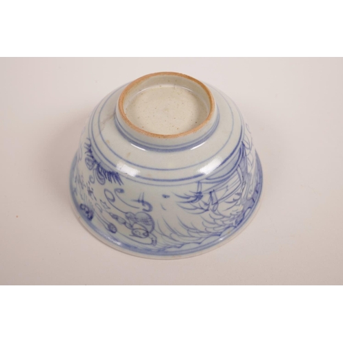 75 - A Chinese blue and white porcelain rice bowl decorated with flying kites, 5½