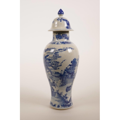 10 - An early C20th Chinese blue and white jar and cover, decorated with women and children in a garden, ... 