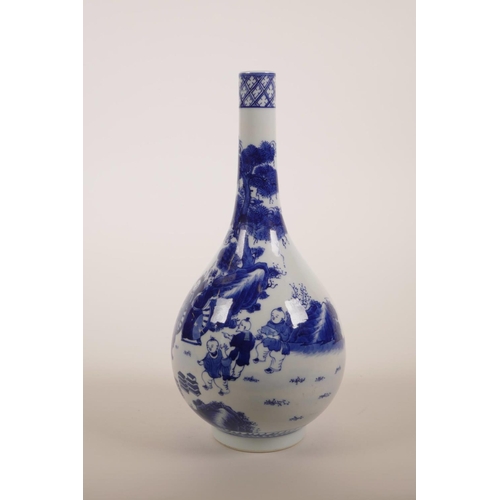 51 - A Chinese blue and white porcelain bottle vase decorated with a noble and his servants, 6 character ... 