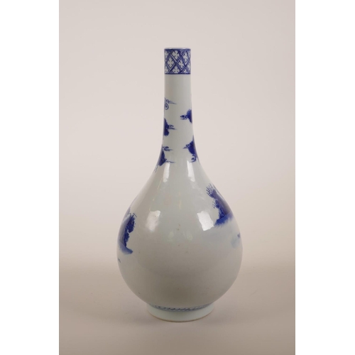 51 - A Chinese blue and white porcelain bottle vase decorated with a noble and his servants, 6 character ... 