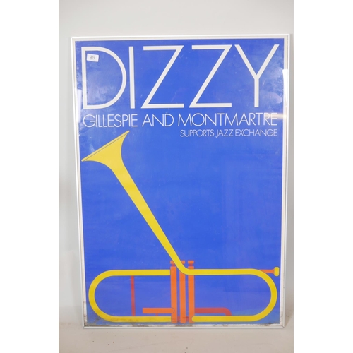 346 - A Dizzy Gillespie and Montmartre poster printed in Denmark by Kai Svendson, A/F, water damaged to ba... 