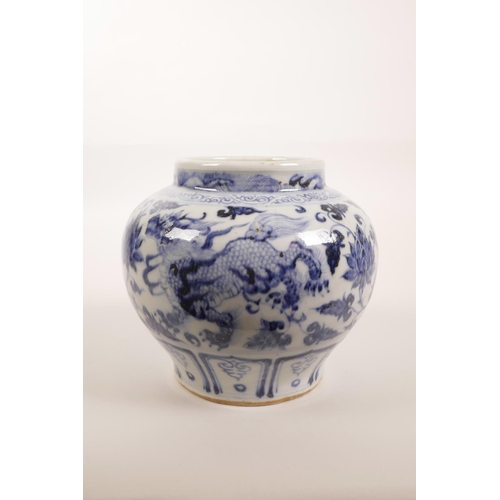 103 - A Chinese blue and white pottery jar decorated with kylin and lotus flowers, 6