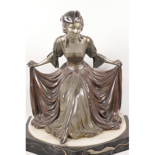 127 - An Art Deco patinated spelter figurine of a lady curtseying, on an onyx and marble base, 14