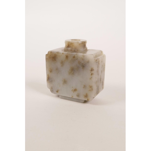 145 - A Chinese mottled grey jade snuff bottle, lacks stopper, 2