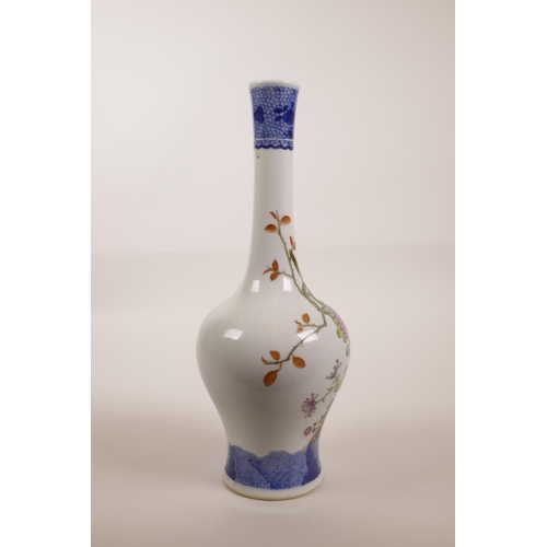 153 - A Chinese polychrome porcelain slender necked Yen Yen vase decorated with birds and chrysanthemum, 6... 