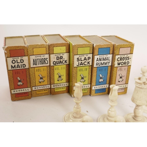 157 - A Lowe faux ivory chess set in box with rules, copyrighted 1945, and a set of six Russell's card gam... 