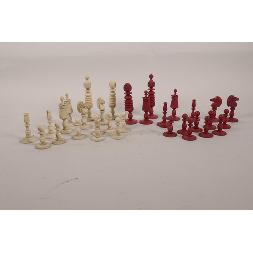 157 - A Lowe faux ivory chess set in box with rules, copyrighted 1945, and a set of six Russell's card gam... 