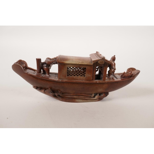 162 - A Chinese Shoushan soapstone carving of a fishing boat, 8