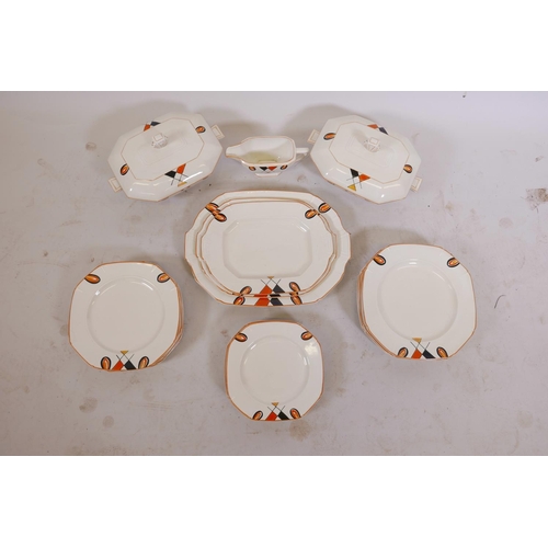 164 - A Palissy hand painted Art Deco six place dinner service, to include three graduated serving plates,... 