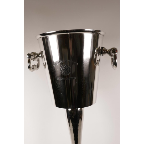 17 - A polished aluminium wine cooler on pedestal with cast ring carry handles, stamped Brunello Cantina ... 