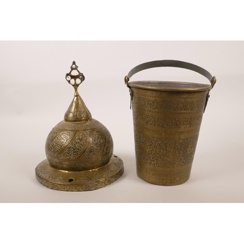 22 - A brass Indo-Persian pot cover with chased script decoration, together with a similar bucket, 7½