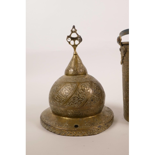 22 - A brass Indo-Persian pot cover with chased script decoration, together with a similar bucket, 7½