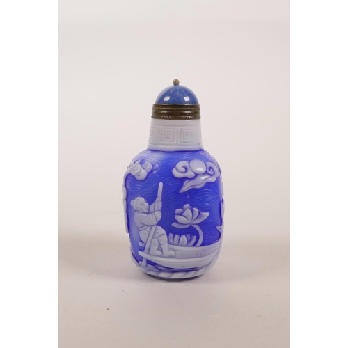 36 - A Chinese blue and white Peking glass snuff bottle decorated with figures in a landscape scene, 3