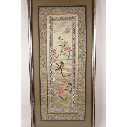 37 - A framed Chinese embroidered silk panel depicting birds, insects and flowers, 9½