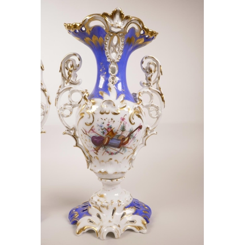 38 - A pair of Continental porcelain two handled urns with floral decoration and gilt highlights, A/F rep... 