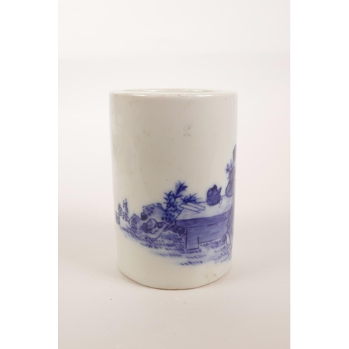 46 - A Chinese blue and white brush pot decorated with a sage taking tea, 4 character mark to base, 4