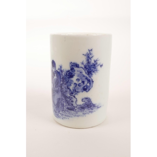 46 - A Chinese blue and white brush pot decorated with a sage taking tea, 4 character mark to base, 4