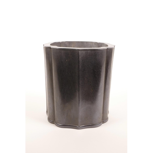 53 - A Chinese ebonised hardwood brush pot of lobed form, 6½