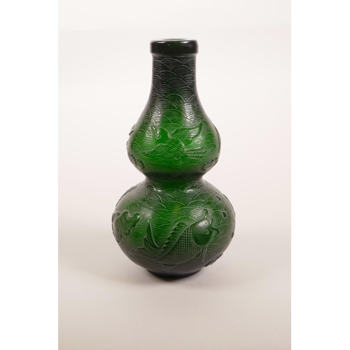 60 - A Chinese Peking glass double gourd vase decorated with carp, lotus flowers and birds, seal mark to ... 