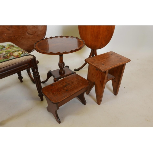 1128 - A Georgian mahogany dish topped occasional table (reduced), a yew wood veneered occasional table wit... 