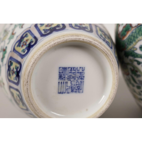 25 - A pair of Chinese doucai porcelain bottle vases decorated with dragons and flowers, seal mark to bas... 