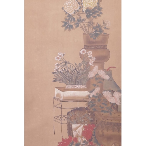 47 - A large Chinese watercolour scroll depicting vases of flowers, 20