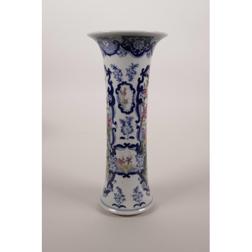 64 - A Chinese blue and white porcelain vase of waisted form with decorative polychrome enamel panels dep... 