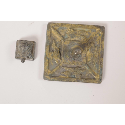 15 - A Chinese bronze seal with applied gilt and verdigris patina, together with another smaller, 3