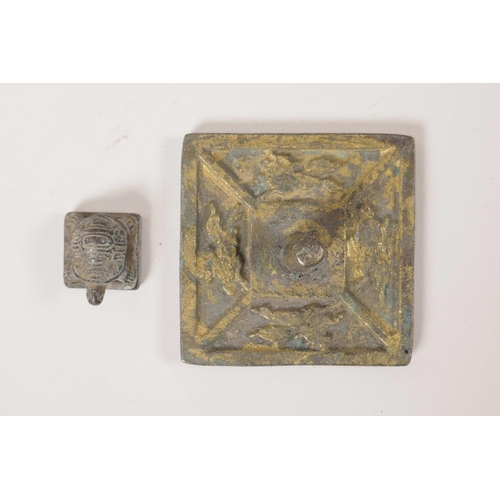 15 - A Chinese bronze seal with applied gilt and verdigris patina, together with another smaller, 3