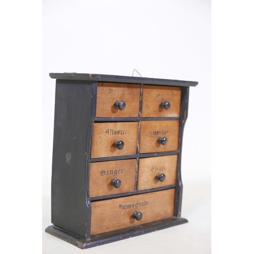 24 - A late C19th/early C20th fruitwood spice drawer with ebonised details, 9