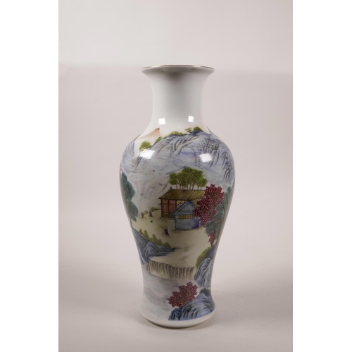 26 - A Chinese polychrome porcelain vase decorated with a mountainous riverside landscape, seal mark to b... 